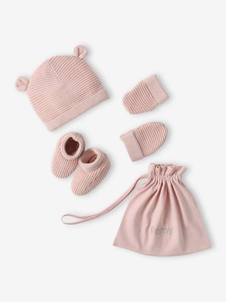 Beanie, Mittens & Booties Set, Matching Pouch, for Newborn Babies denim blue+rosy+White 