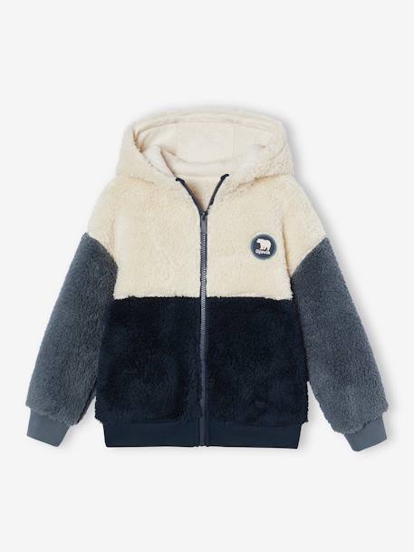 Colourblock Sherpa Jacket with Zip & Hood for Boys slate blue 