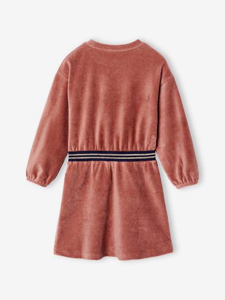 Velour Dress with Striped Iridescent Belt, for Girls dusky pink+peacock blue 