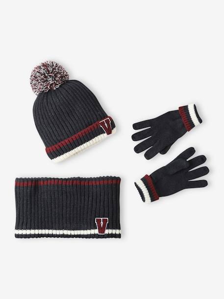 Beanie + Snood + Gloves Set in Rib Knit for Boys navy blue 