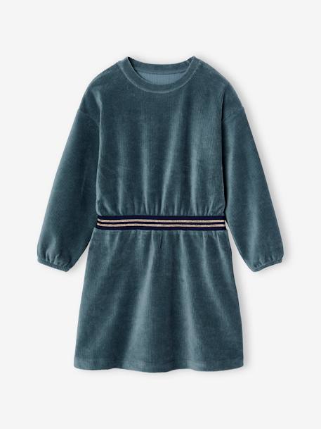 Velour Dress with Striped Iridescent Belt, for Girls dusky pink+peacock blue 