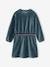 Velour Dress with Striped Iridescent Belt, for Girls dusky pink+peacock blue 