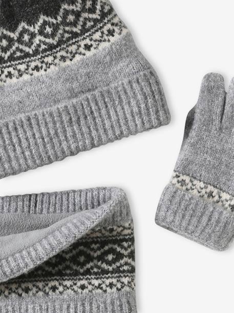 Beanie + Snood + Gloves/Mittens Set in Jacquard Knit+D18 marl grey 