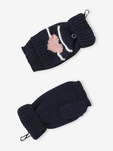 Stripes/Hearts Beanie + Snood + Mittens/Fingerless Mitts Set for Girls ecru+navy blue 