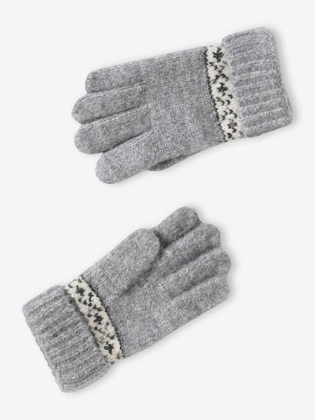 Beanie + Snood + Gloves/Mittens Set in Jacquard Knit+D18 marl grey 