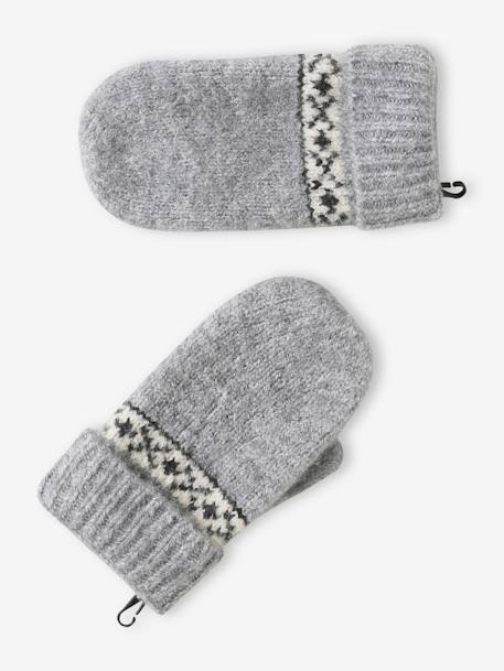 Beanie + Snood + Gloves/Mittens Set in Jacquard Knit+D18 marl grey 