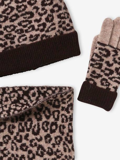 Leopard Beanie + Snood + Gloves Set for Girls printed brown 