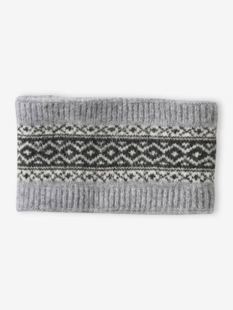 Beanie + Snood + Gloves/Mittens Set in Jacquard Knit+D18 marl grey 