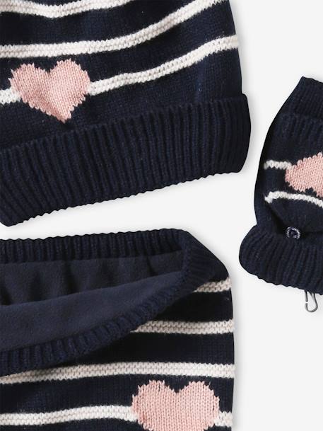 Stripes/Hearts Beanie + Snood + Mittens/Fingerless Mitts Set for Girls ecru+navy blue 