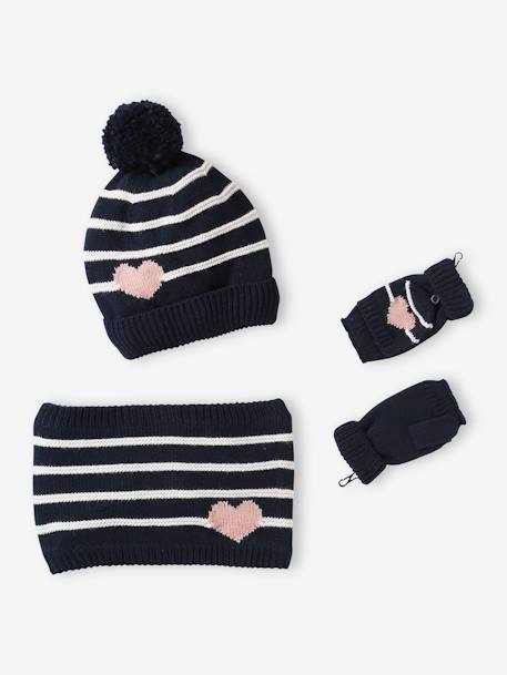 Stripes/Hearts Beanie + Snood + Mittens/Fingerless Mitts Set for Girls ecru+navy blue 