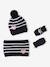 Stripes/Hearts Beanie + Snood + Mittens/Fingerless Mitts Set for Girls ecru+navy blue 