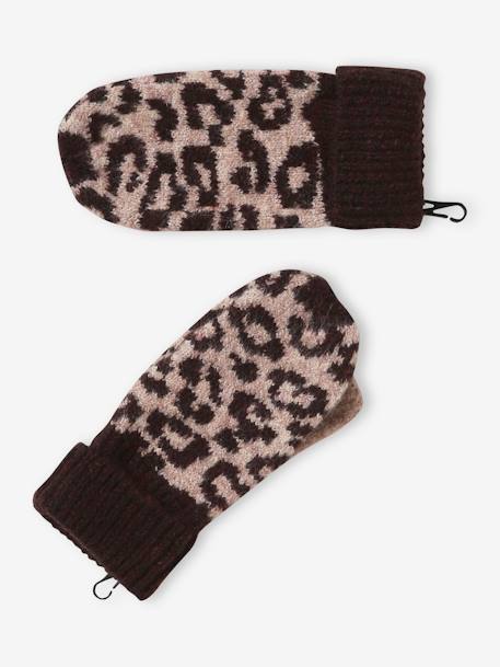 Leopard Beanie + Snood + Gloves Set for Girls printed brown 