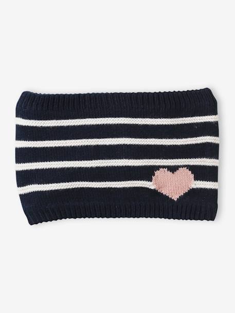 Stripes/Hearts Beanie + Snood + Mittens/Fingerless Mitts Set for Girls ecru+navy blue 