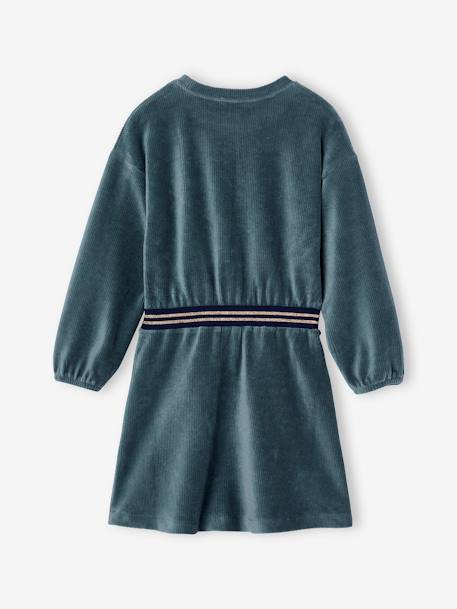 Velour Dress with Striped Iridescent Belt, for Girls dusky pink+peacock blue 