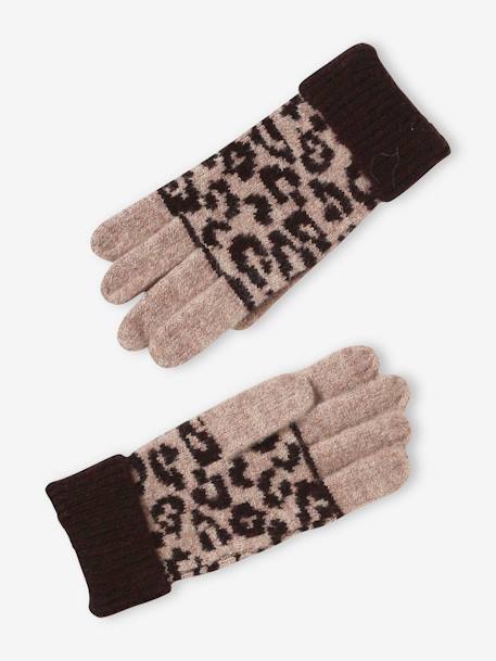 Leopard Beanie + Snood + Gloves Set for Girls printed brown 