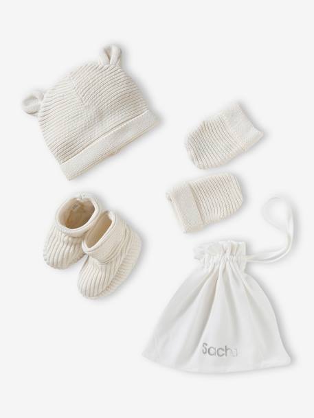 Beanie, Mittens & Booties Set, Matching Pouch, for Newborn Babies grey blue+navy blue+White 