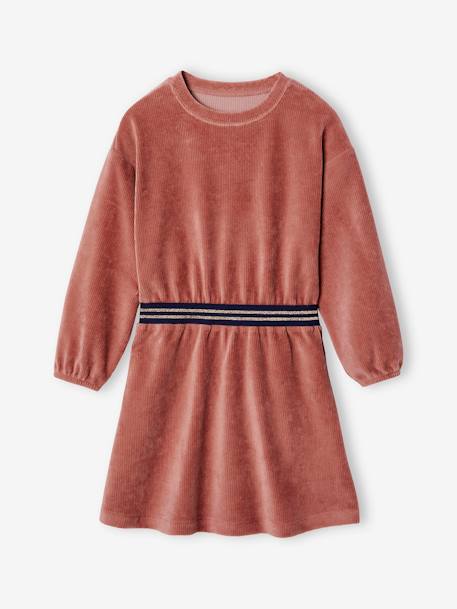 Velour Dress with Striped Iridescent Belt, for Girls dusky pink+peacock blue 