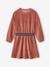 Velour Dress with Striped Iridescent Belt, for Girls dusky pink+peacock blue 