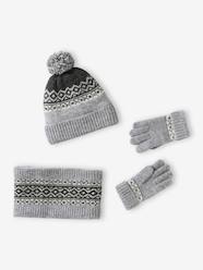 Boys-Beanie + Snood + Gloves/Mittens Set in Jacquard Knit+D18