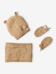 Openwork Beanie with Ears + Snood + Mittens Set for Baby Girls