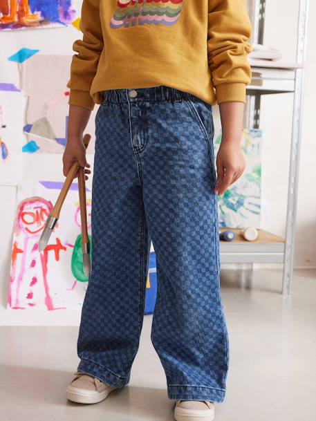 Wide-Leg Paperbag Jeans with Flower Motifs for Girls deep blue+stone 