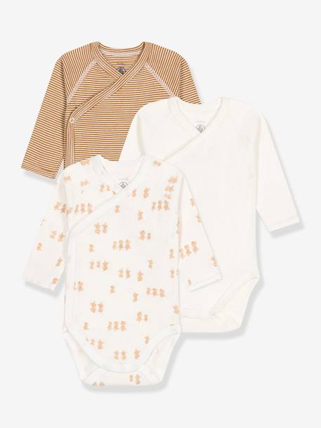 Pack of 3 long-sleeved crossover baby bodies with hearts in organic cotton PETIT BATEAU striped brown 