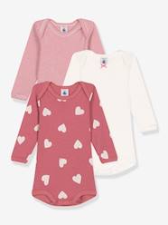 Baby-Bodysuits & Sleepsuits-Pack of 3 long-sleeved baby cotton bodies with hearts PETIT BATEAU