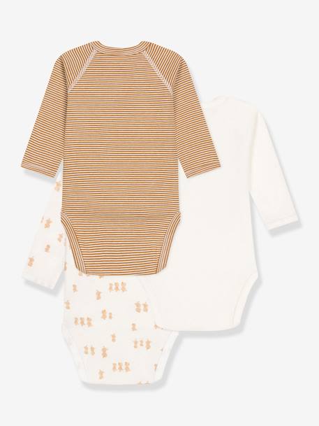 Pack of 3 long-sleeved crossover baby bodies with hearts in organic cotton PETIT BATEAU striped brown 