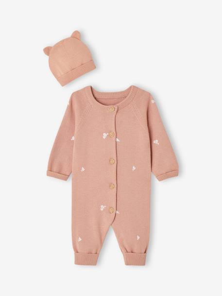 Knitted Jumpsuit + Matching Beanie with Ears Combo for Babies rose 