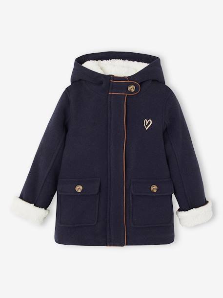 Woollen Coat with Hood & Sherpa Lining for Girls BEIGE MEDIUM SOLID WITH DECOR+GREEN DARK SOLID WITH DESIGN+navy blue 