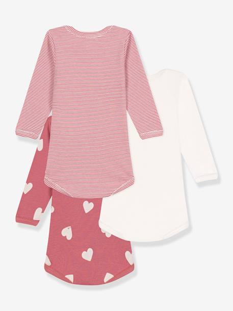 Pack of 3 long-sleeved baby cotton bodies with hearts PETIT BATEAU dusky pink 