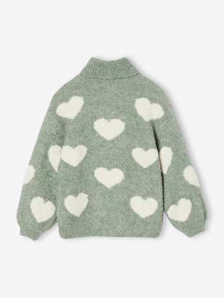 Polo Neck Jumper in Fuzzy Knit with Maxi Motifs for Girls grey green+rose 