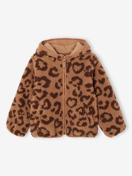 Hooded Jacket in Sherpa with Leopard Print for Girls printed brown 