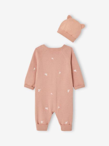 Knitted Jumpsuit + Matching Beanie with Ears Combo for Babies rose 