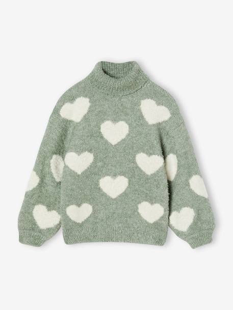 Polo Neck Jumper in Fuzzy Knit with Maxi Motifs for Girls grey green+rose 