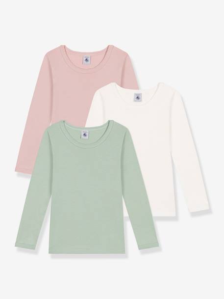 Pack of 3 plain long-sleeved cotton T-shirts for children PETIT BATEAU dusky pink 