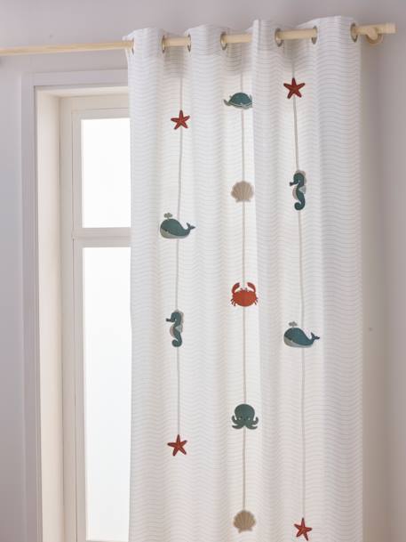 Semi-Sheer Curtain with Eyelets & Marine Animals, Under the Ocean WHITE LIGHT SOLID WITH DESIGN 