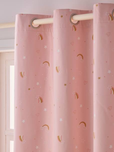 Blackout Curtain with Eyelets & Glow-in-the-Dark Rainbow Print Light Pink 