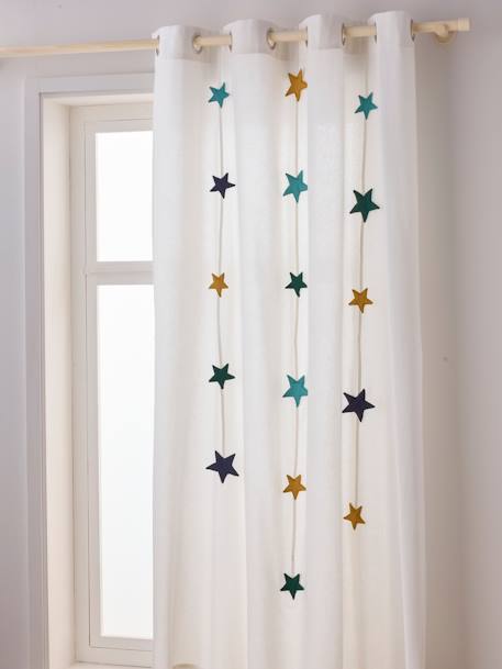 Semi-Sheer Curtain with Eyelets & Starry Garlands Green+White 