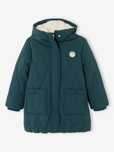 Padded Coat with Hood & Faux Fur Lining for Girls emerald green+rosy 