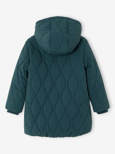 Padded Coat with Hood & Faux Fur Lining for Girls emerald green+rosy 