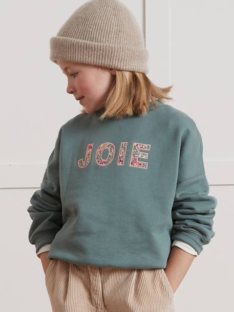 Sweat shirt for girls with a message, Liberty fabric - organic cotton - CYRILLUS green 