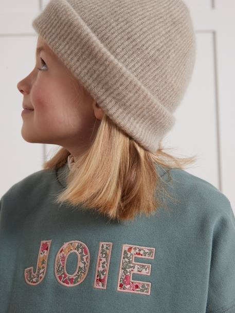 Sweat shirt for girls with a message, Liberty fabric - organic cotton - CYRILLUS green 