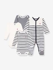 Baby-Bodysuits & Sleepsuits-Set of 1 Sleepsuit and 3 Striped Bodysuits