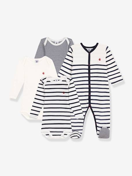 Set of 1 Sleepsuit and 3 Striped Bodysuits striped blue 