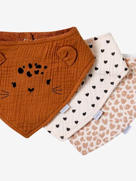 Pack of 3 Bandana-Style Bibs in Terry Cloth & Cotton Gauze BROWN MEDIUM SOLID+hazel 