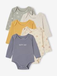 Baby-Bodysuits & Sleepsuits-Pack of 5 Long Sleeve Bodysuits in Organic Cotton with Cutaway Shoulders for Newborn Babies