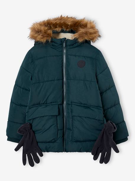 Hooded Jacket Lined in Polar Fleece, with Gloves, for Boys BLUE MEDIUM SOLID WITH DESIGN+BROWN MEDIUM SOLID WITH DESIGN+fir green 