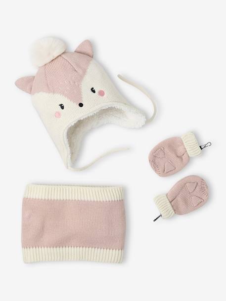 Kitty Beanie + Snood + Mittens Set for Baby Girls pale pink 