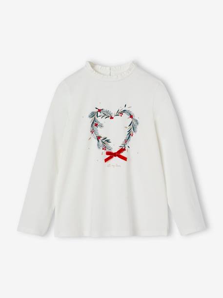 Top with Heart-Shaped Christmas Wreath & Glittery Details for Girls ecru 